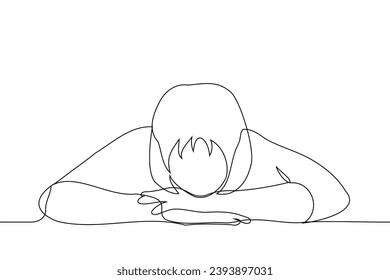 woman sits with her hands folded on top of each other - one line art vector. concept boredom, procrastination, waiting, laziness