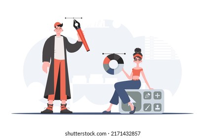 A woman sits holding color wheel next to man  Design  Element for presentation  Vector illustration