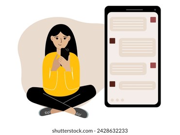 A woman sits and holds a phone. The correspondence is visible on the screen. Concept of chat, sms, service, technical support.