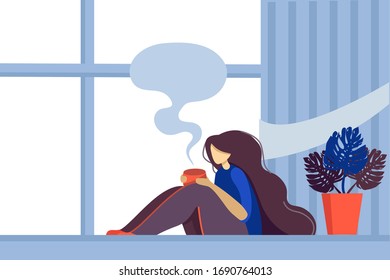 A woman sits at home on a windowsill with a cup of tea and looks out the window. Rest, Coffee-break. quarantine, virus protection. Vector flat illustration.
