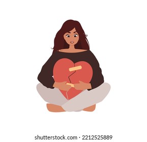 Woman sits hugs with fixed broken heart. Psychological wellness, self therapy flat vector illustration. Self care, self love mental heath concept. Mental health support