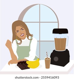 a woman sits at a kitchen counter with a blender and a smoothie