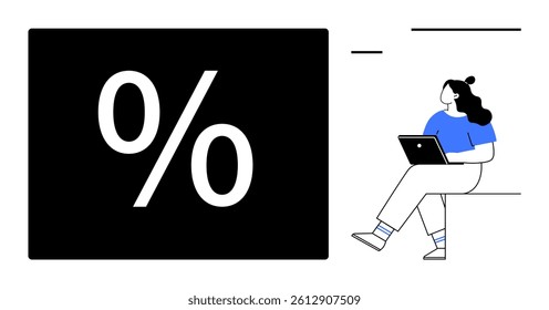 Woman sits with laptop near large percentage symbol. Ideal for financial analysis, business strategy, online education, remote work, data analytics, personal finance, economic growth. Line metaphor
