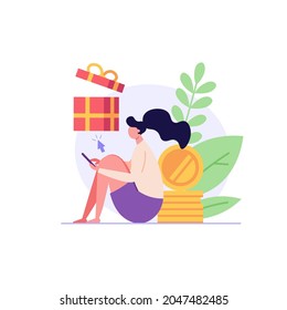 Woman sits with a laptop and receives an online gift. Concept of online gift, reward program, online gift purchase. Vector illustration in flat design for web banner, ui.
