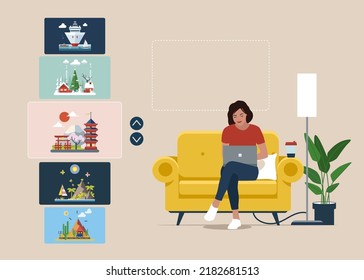 Woman Sits With Laptop. Virtual Museum On Laptop And Is Studying Works Of Art. Interactive Museum Exhibition. Online Gallery. 