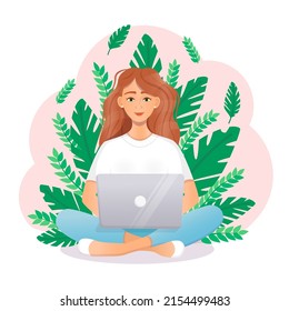 Woman sits at a laptop while sitting in nature. Flat vector illustration of freelance, work at home, work, office, education. Remote work and communication in social networks. Cartoon style