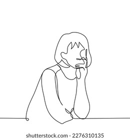 woman sits leaning her chin on his palm thinking - one line drawing vector. concept reflection, introspection