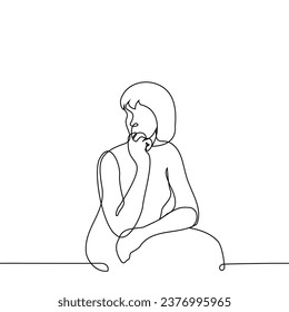 woman sits leaning over, propping her chin with hand and looking to the side - one line art vector. concept of sitting bent over, looking to the side