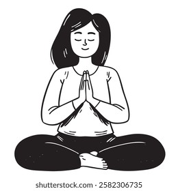 A woman sits in a lotus pose, meditating peacefully. Her expression radiates inner balance, mindfulness, and tranquility. The minimalist style highlights wellness, relaxation, and a healthy lifestyle.