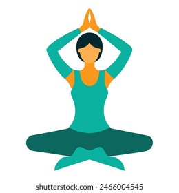 A woman sits in lotus position with hands on head