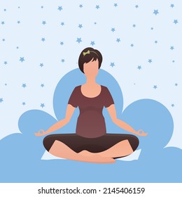 A woman sits in the lotus position. Healthy lifestyle concept. Vector illustration in cartoon style.