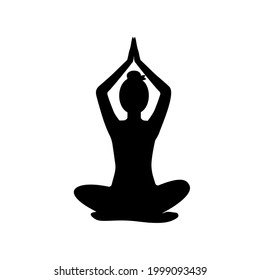 Woman sits in lotus position with his hands raised above his head, black silhouette on white background. Slim girl practice meditation. Yoga complex. Healthy lifestyle concept. Vector illustration	