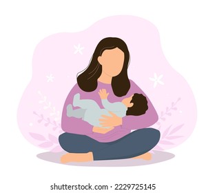 A woman sits in the lotus position, legs crossed, and holds, cradles a baby. Mother and newborn together. Vector graphics.