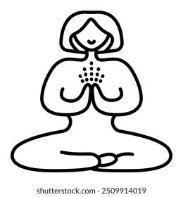 Woman sits in lotus position and meditates, girl prays, yoga and meditation classes, prayer. Vector black line illustration, editable stroke