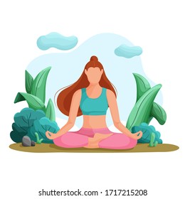 Woman sits in the lotus position and meditating in nature background. The concept of yoga, meditation and relax. Health benefits for the body, mind and emotions. Flat vector illustration.