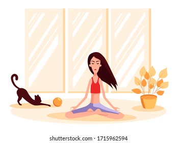 Woman sits in a lotus position, near to her a cat play with a ball. Color vector cartoon illustration. Stay home.