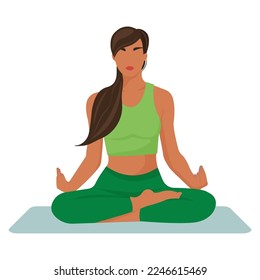 A woman sits in a lotus position on a yoga mat. Flat vector illustration of a brunette girl who is meditating