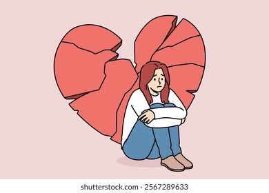 Woman sits near broken heart, experiencing serious stress after breaking up with loved one. Broken heart behind girl who fell into apathy due to regular failures in finding boyfriend