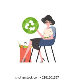 A woman sits next to a package of healthy food and redirects the EKO icon. Isolated. Trend vector illustration.