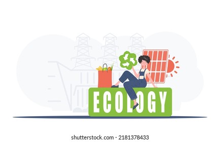 A woman sits next to a package of proper food and holds an EKO icon. Ecology and green planet concept. Trend vector illustration.