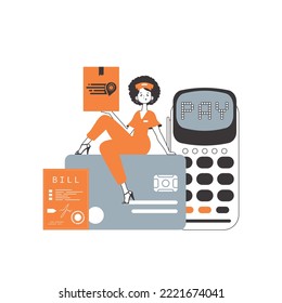 A woman sits on a bank card and holds a parcel. Parcel delivery concept. Linear modern style. Isolated on white background. Vector illustration.