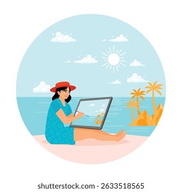 A woman sits on the beach sand painting a beautiful tropical beach scene on canvas surrounded by nature. Drawing concept.