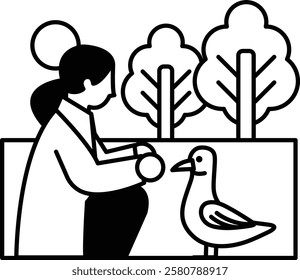 A woman sits on a bench with a bird on her lap. The bird is a seagull