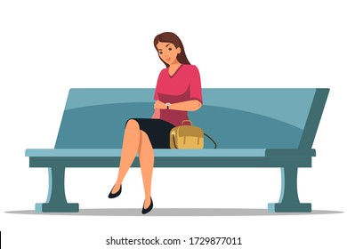 Woman sits on bench isolated person. Displeased girl is experiencing negative feelings, looking at watch, waiting outside. Citizen, modern lifestyle, urban environment. Vector character illustration
