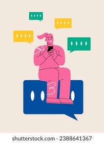 Woman sits on a big chatting bubble Icon and chatting on mobile phone. Colorful vector illustration. 
