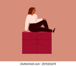 Woman sits on the big red gift. Festive concept for Christmas or Women's day with Caucasian female and celebration box with ribbon. vector illustration