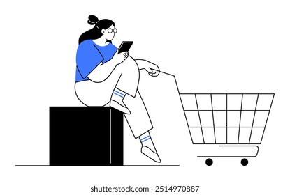 Woman sits on a black box, looking at her smartphone, with one leg resting on a shopping cart. Ideal for online shopping, mobile apps, e-commerce, modern lifestyle, digital marketing. Minimalistic sty