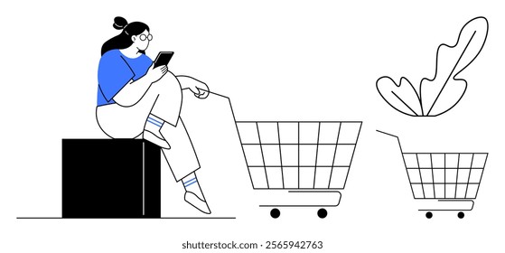 Woman sits on a block using a mobile phone next to shopping carts and a leaf. Ideal for online shopping, e-commerce, technology, retail, modern lifestyle. Simple thin lines