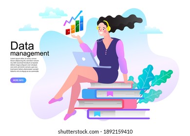 Woman sits on book. Studying online education. Distance education or business training. Pile of books and online teacher on computer monitor. Webinar or video seminar learning vector concept.