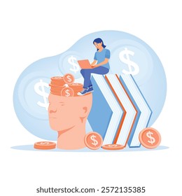 A woman sits on a book and uses a laptop. Demonstrates the relationship between knowledge, investment, and personal development. Investing money in self-development concept. Flat vector illustration.