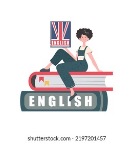 A woman sits on books and holds an English dictionary in her hands. The concept of learning English. Isolated. Trendy flat style. Vector illustration.