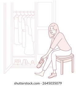 Uma mulher se senta em uma cadeira, vestindo sapatos elegantes em um armário bem organizado com roupas elegantemente penduradas