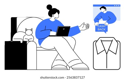 A woman sits on a chair shopping online with her laptop. A cat relaxes nearby. Themes include online shopping cashback rewards relaxation and at-home comfort. Minimalistic modern style