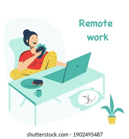 Woman sits on chair at the table, remote works and eat food. Flat illustration.  