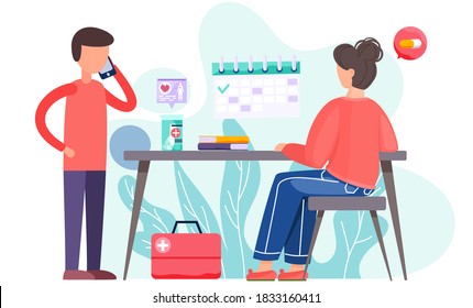 A woman sits on a chair and thinks about pills while a man stands and talks on a cell phone. Patients at a hospital appointment. People in the medical room. Medicine, healthcare and treatment concept