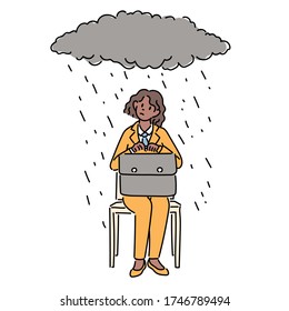 A woman sits on a chair waiting with a suitcase on her lap. There is a dark cloud over her head. hand drawn style vector design illustrations. 