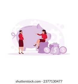 A woman sits on coins. Discuss with other women about financial investments. Financial literacy concept. Trend Modern vector flat illustration