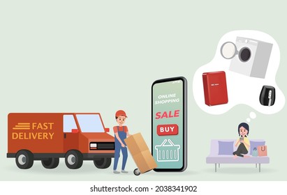 A woman sits on a comfortable sofa at home and buys a lot of things like a refrigerator, a washing machine, oil-free fryer. Then there is a transport company to deliver it to your home.