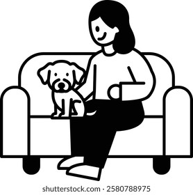 A woman sits on a couch with a dog on her lap. The dog is a small breed and he is a puppy. The woman is smiling and seems to be enjoying the company of her pet