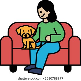 A woman sits on a couch with a dog on her lap. The dog is a golden retriever