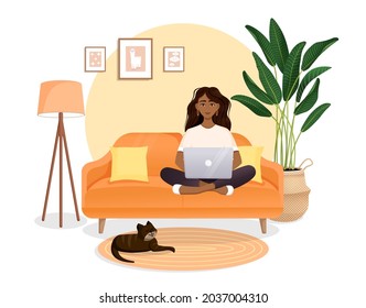 Woman sits on the couch in a room with a laptop computer with her cat. Flat vector illustration of freelance, work at home, work, office, education. Remote work and communication in social networks.