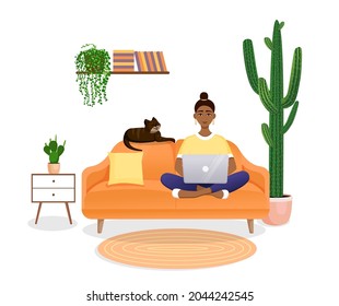 Woman sits on the couch in a room with a laptop computer with her cat. Flat vector illustration of freelance, work at home, work, office, education. Remote work and communication in social networks