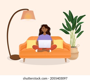 Woman sits on the couch in a room with a laptop computer. Flat vector illustration of freelance, work at home, work, office, education. Remote work and communication in social networks