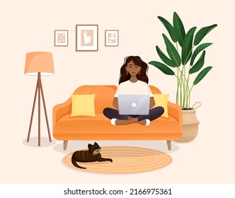 Woman sits on the couch in a room with a laptop computer with her cat. Flat vector illustration of freelance, work at home, work, office, education. Remote work and communication in social networks