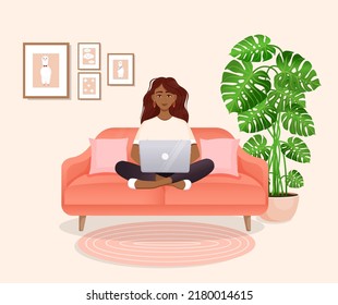 Woman sits on the couch in a room with a laptop computer. Flat vector illustration of freelance, work at home, work, office, education. Remote work and communication in social networks.