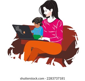 a woman sits on the couch and teaches her child how to use a laptop